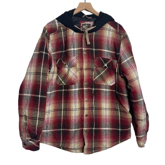 Legendary Outfitters Plaid Shacket Large Red/Brown Hooded Snap Front Drawstring - Picture 1 of 13